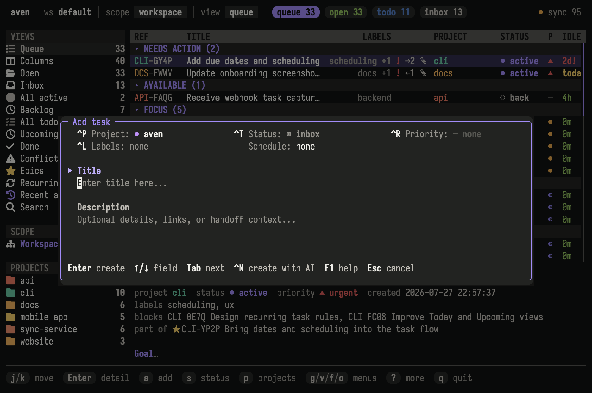 aven TUI add task popup with title and description fields