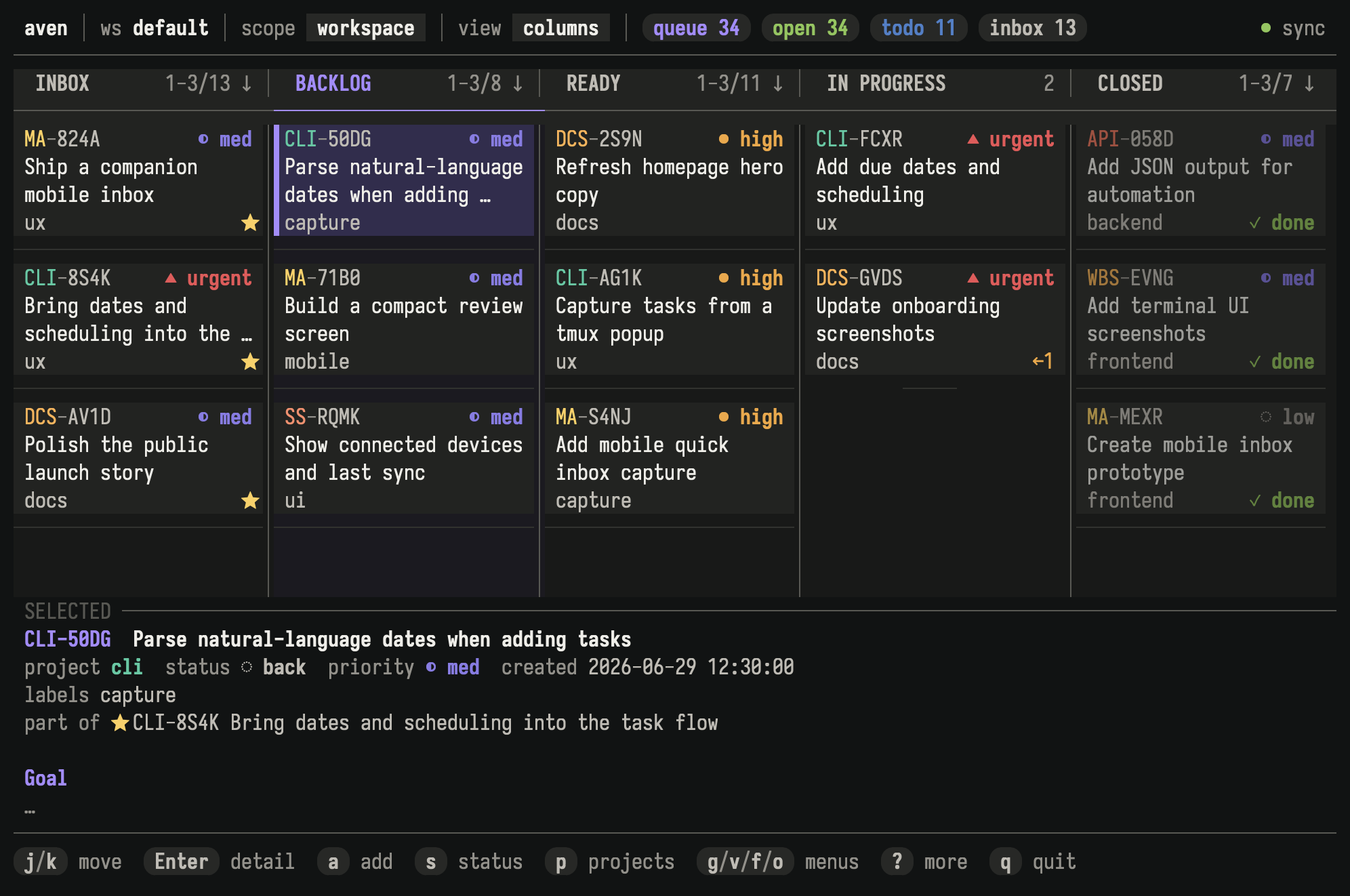 aven TUI showing tasks organized across lifecycle columns