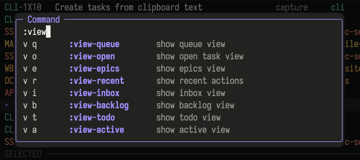 aven TUI command palette filtering view commands