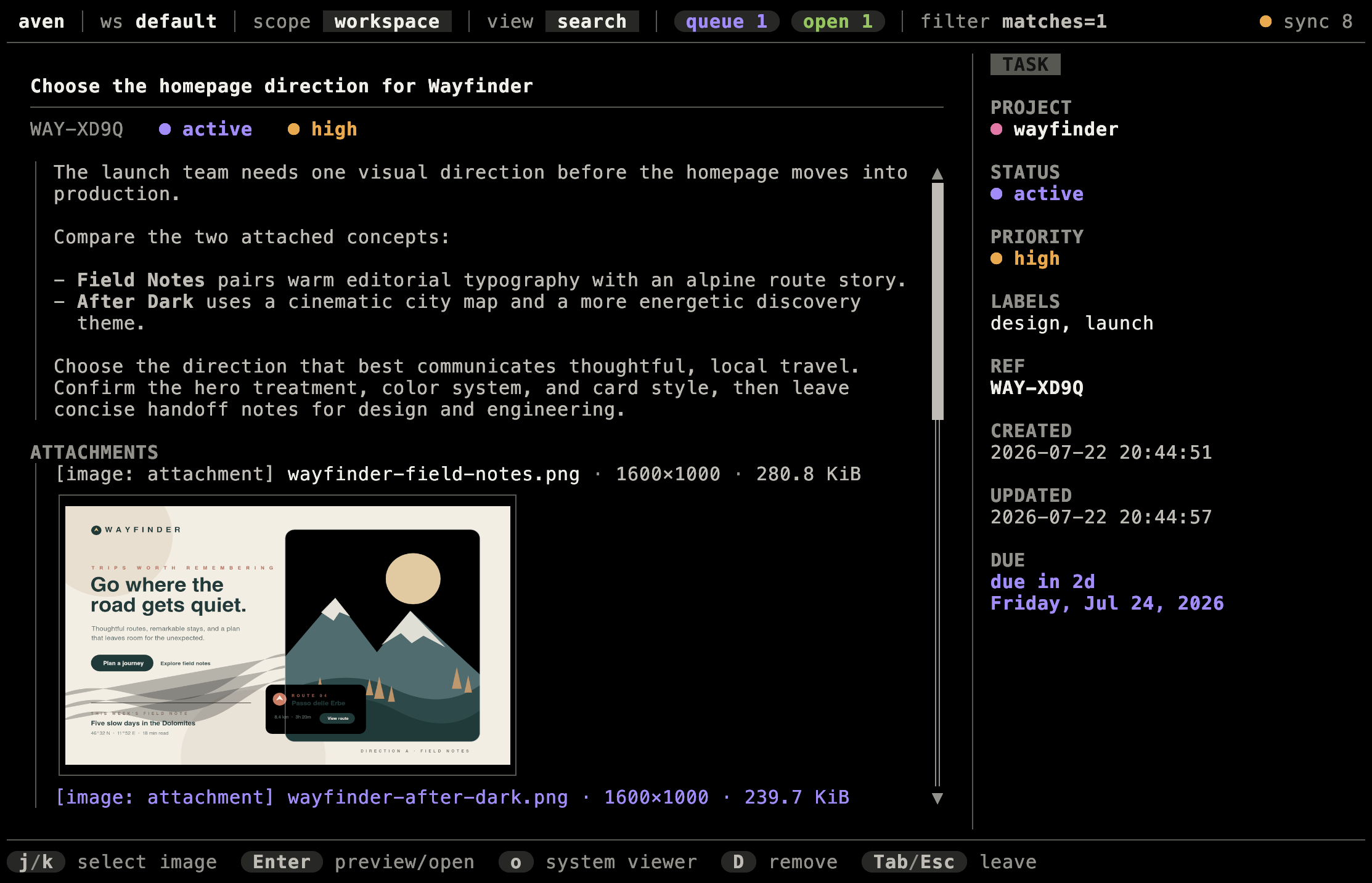 Aven task detail showing two attached Wayfinder design concepts with the first inline preview focused