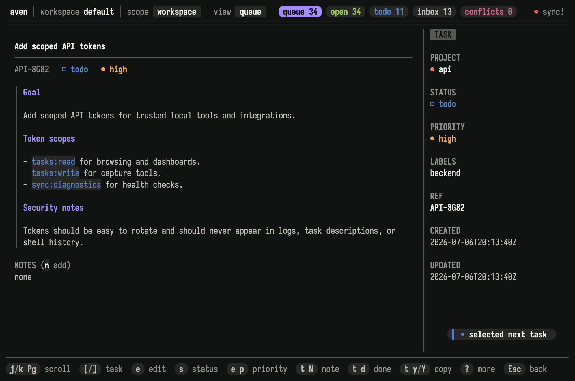 aven TUI task detail view with Markdown description and task metadata