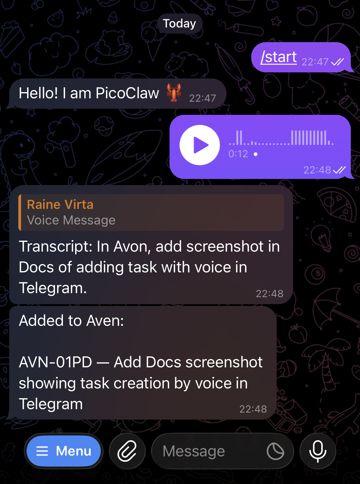 Telegram voice message transcribed into an Aven task