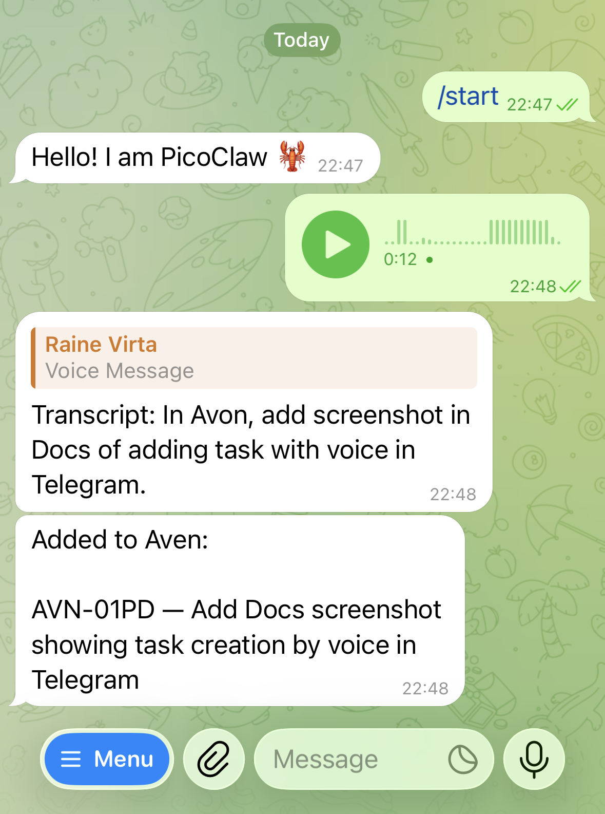 Telegram voice message transcribed into an Aven task