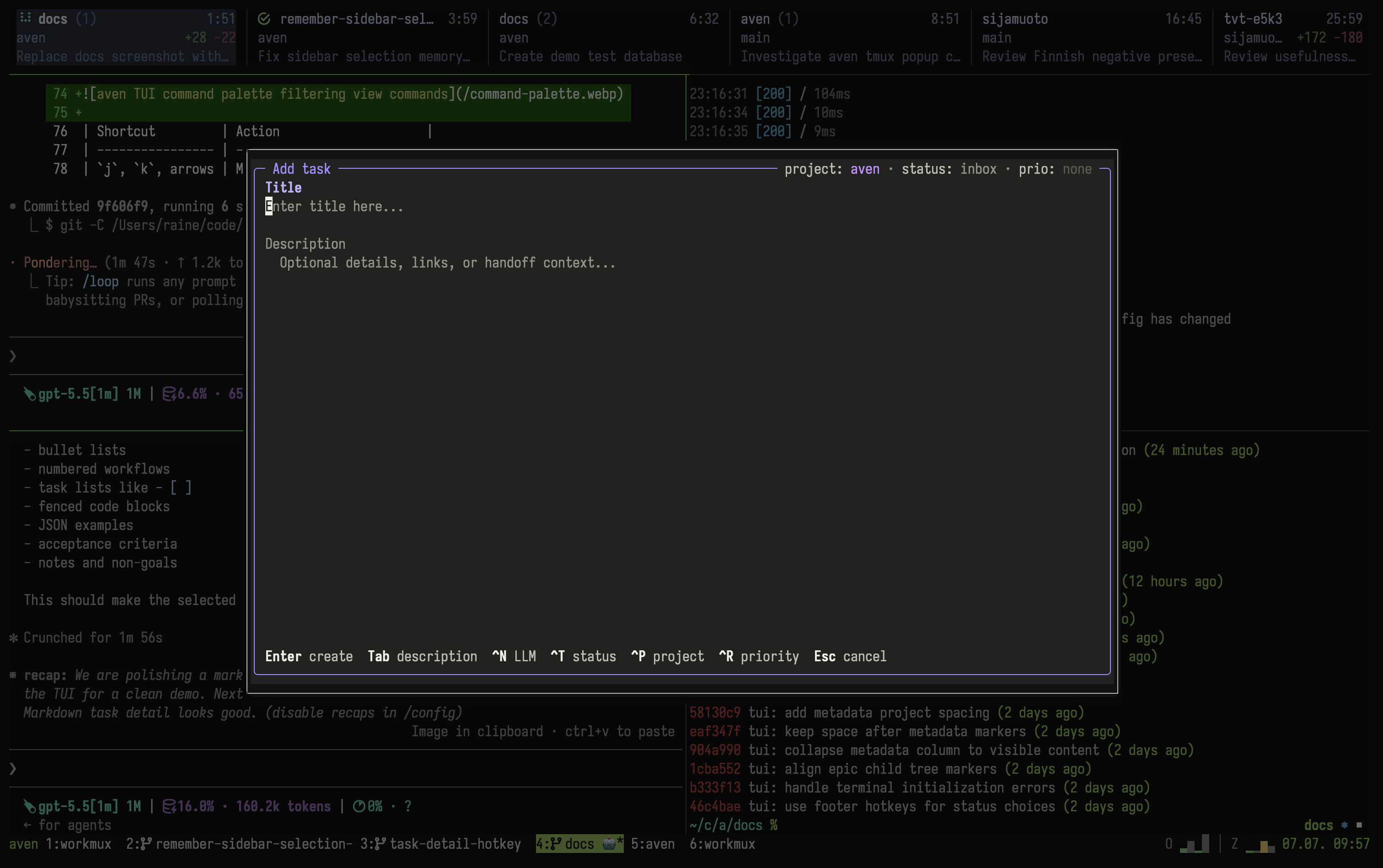aven task composer running in a tmux popup