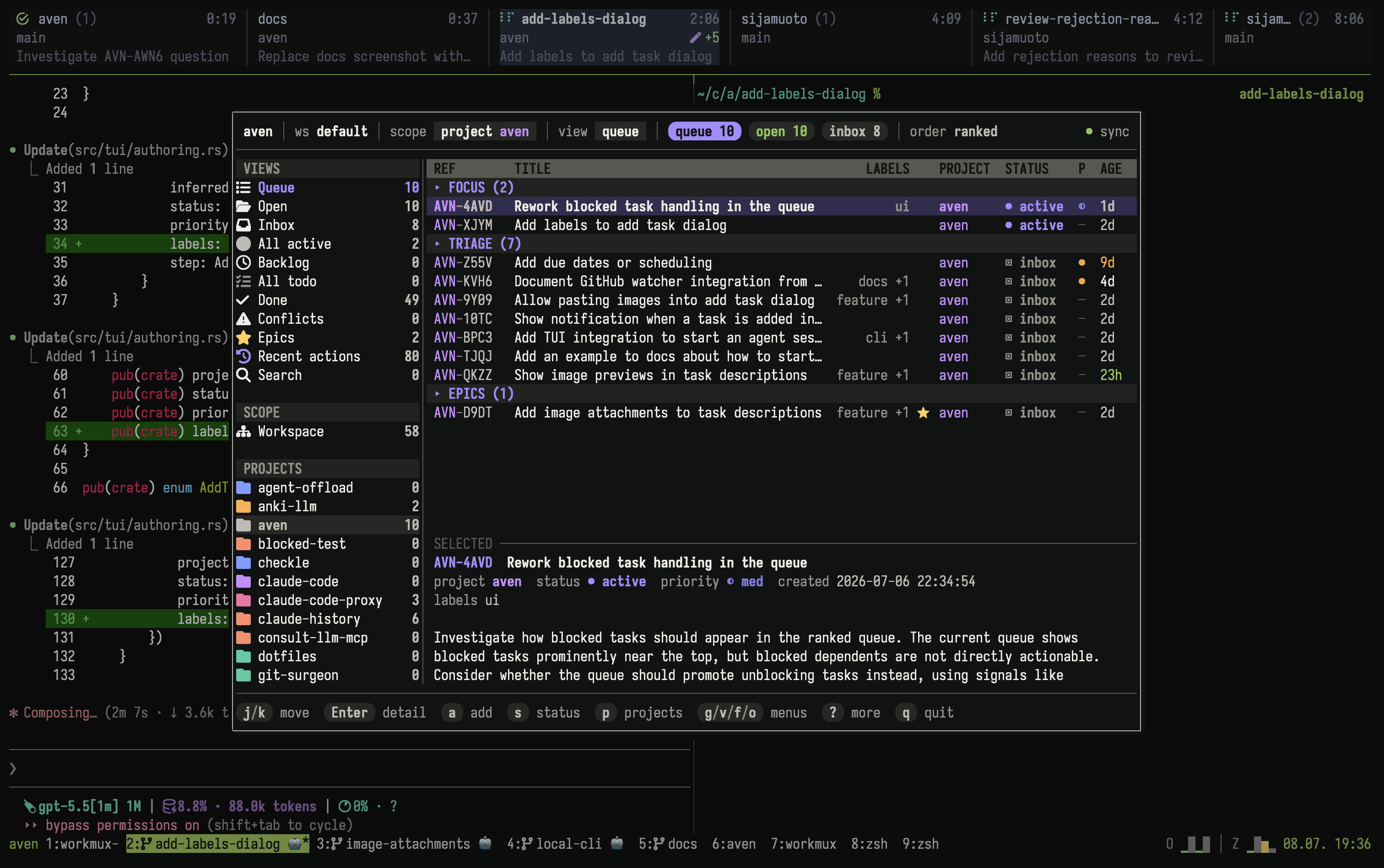 aven TUI running in a tmux popup over terminal panes