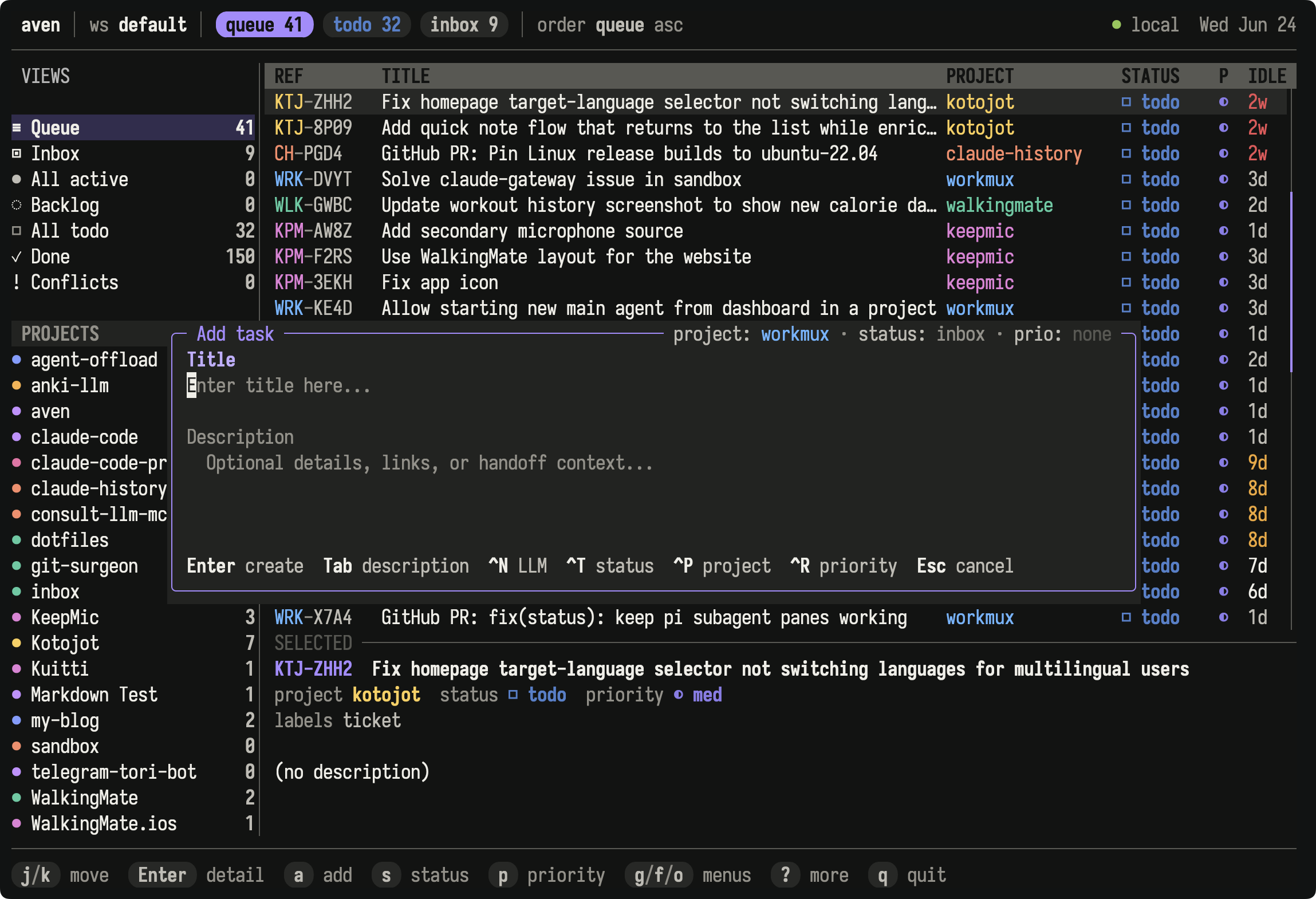 aven TUI showing the queue view and add-task popup